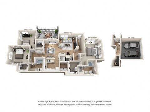 Floor plan for 3 beds, 2 baths, 1445 sqft